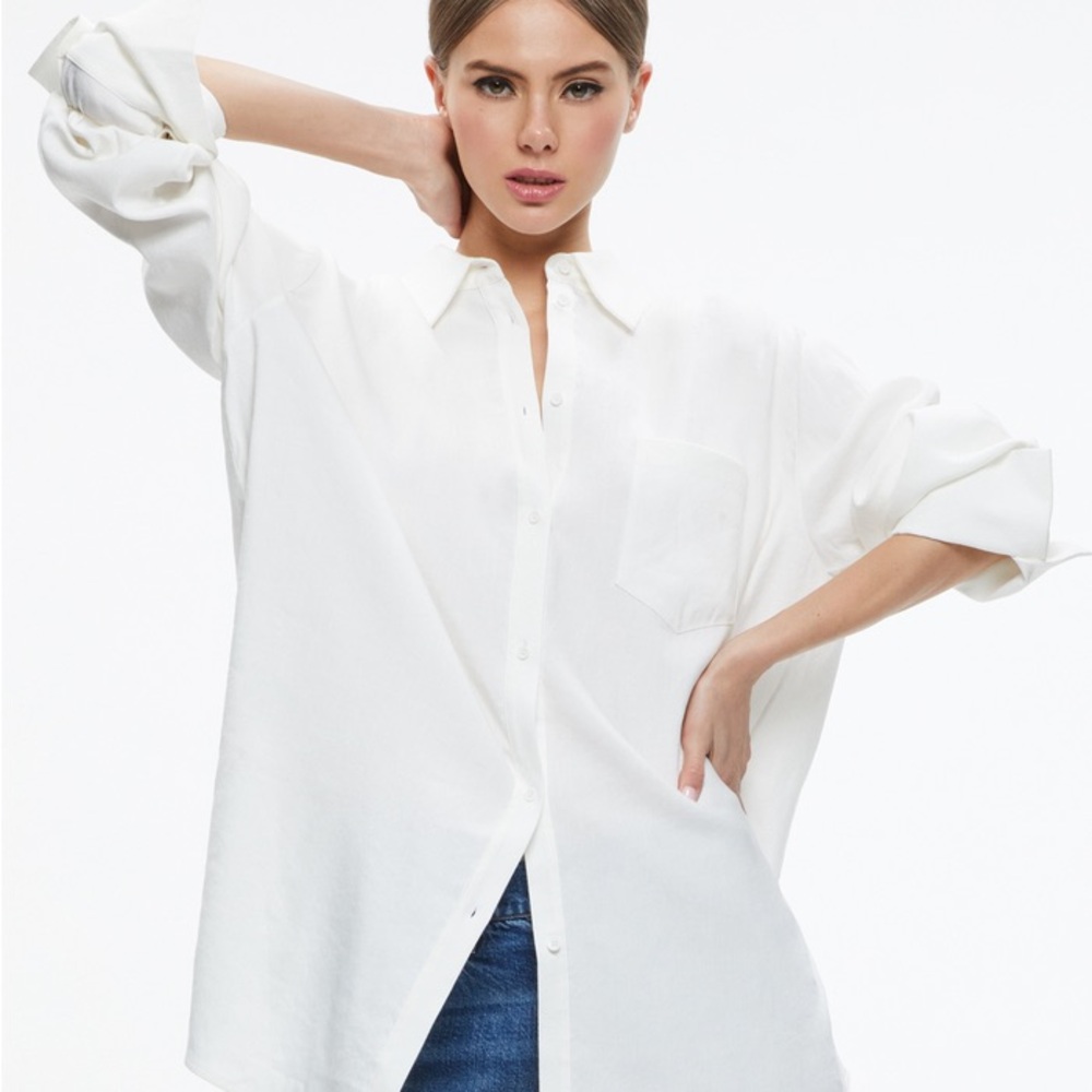 Alice + Olivia Finely Linen Oversized Button Down White Shirt Size S